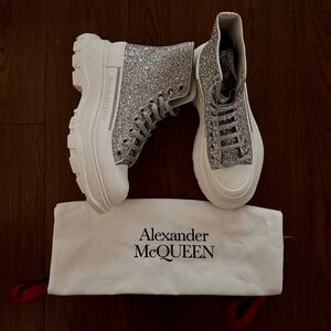 Alexander McQueen Tread Silver Glitter Platform High Top Sneakers Lace-up Boots